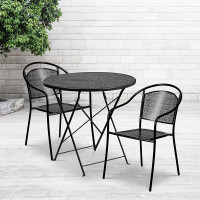 Flash Furniture CO-30RDF-03CHR2-BK-GG 30'' Round Black Indoor-Outdoor Steel Folding Patio Table Set with 2 Round Back Chairs 